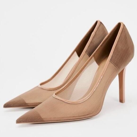 ZARA HEELED MESH SHOES BEIGE NUDE POINTED PUMPS SIZE 40 - Picture 1 of 6
